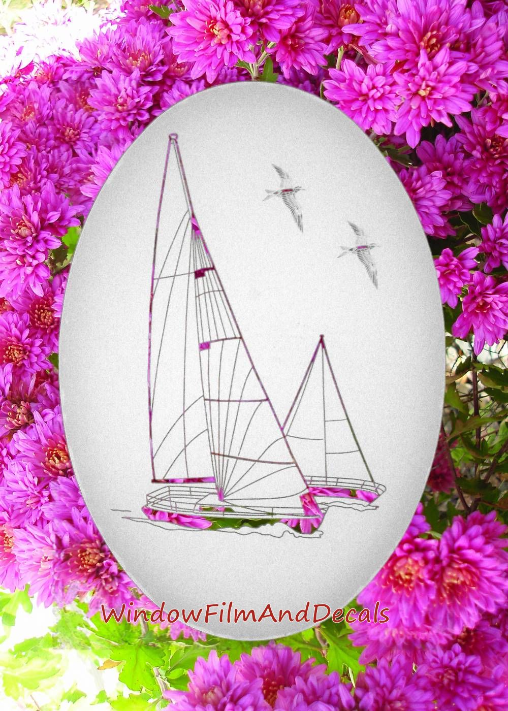Sailboat Oval Static Cling Window Decal - White w/ Clear Design