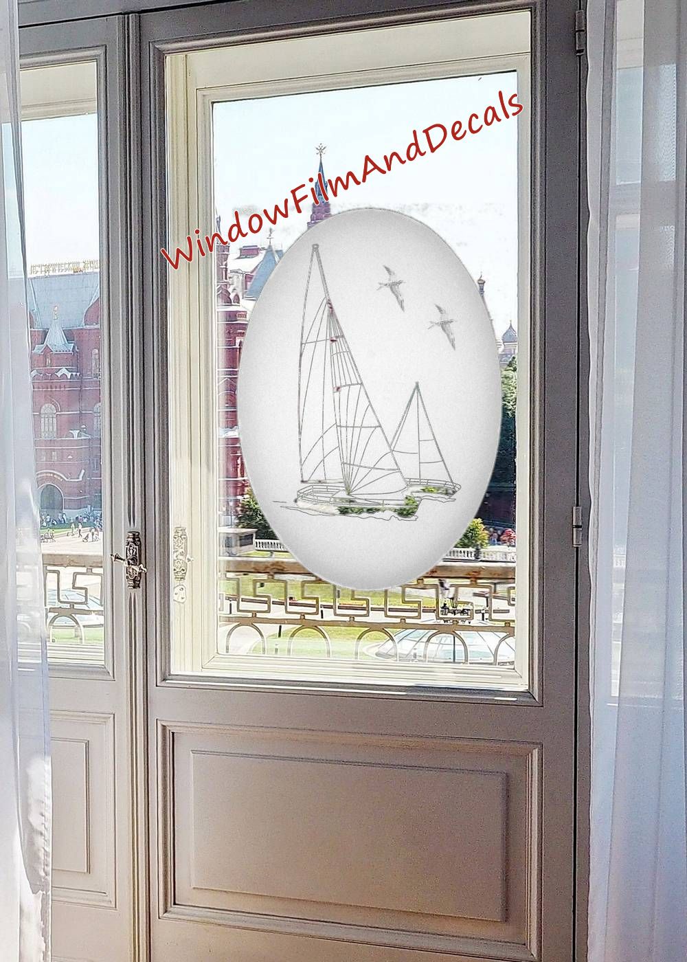 Sailboat Oval Static Cling Window Decal - White w/ Clear Design