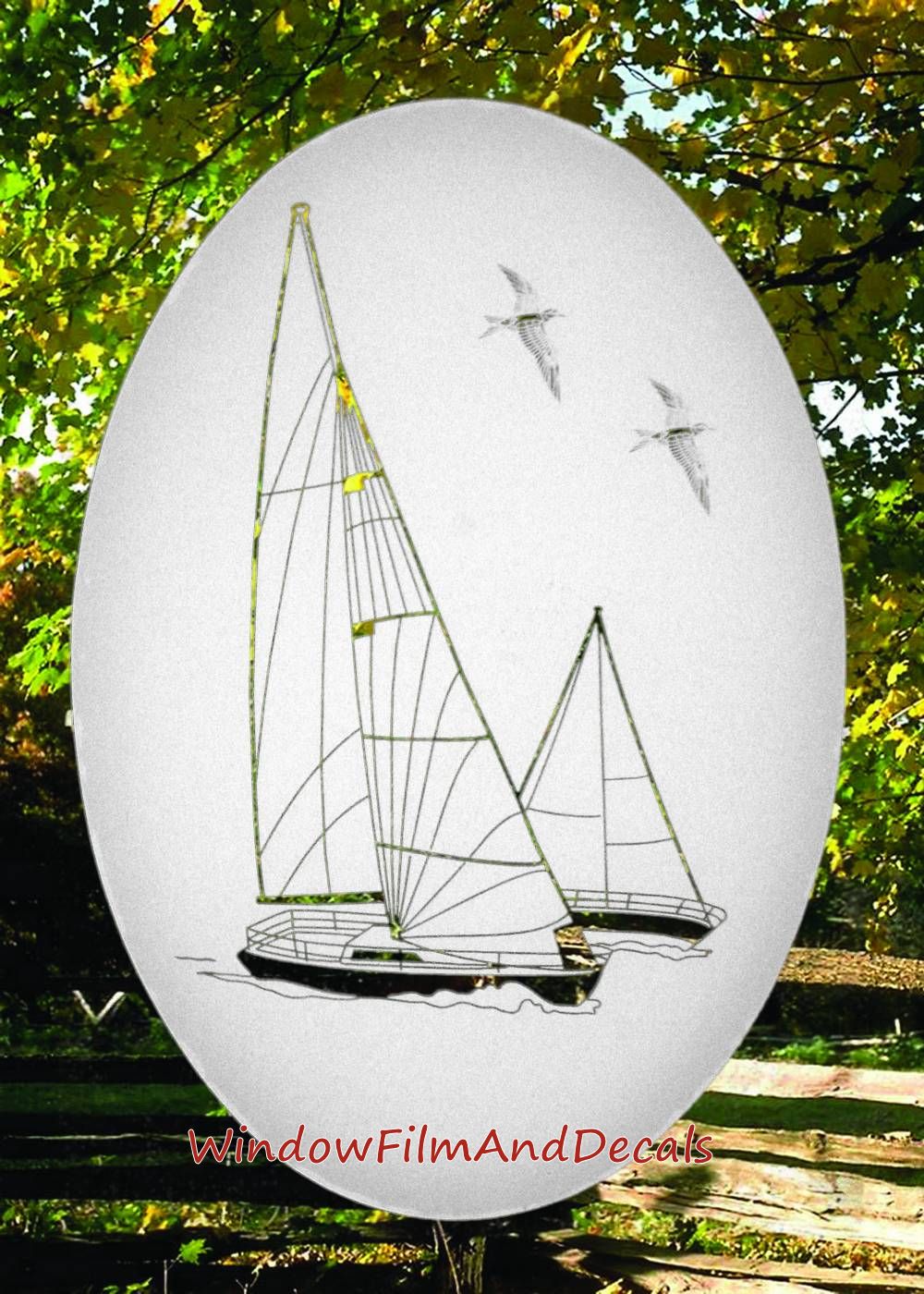 Sailboat Oval Static Cling Window Decal - White w/ Clear Design