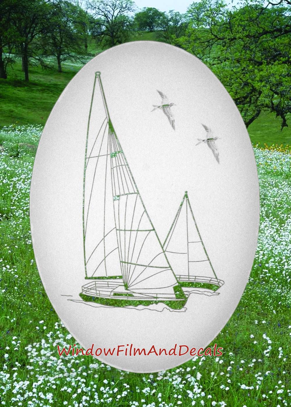 Sailboat Oval Static Cling Window Decal - White w/ Clear Design