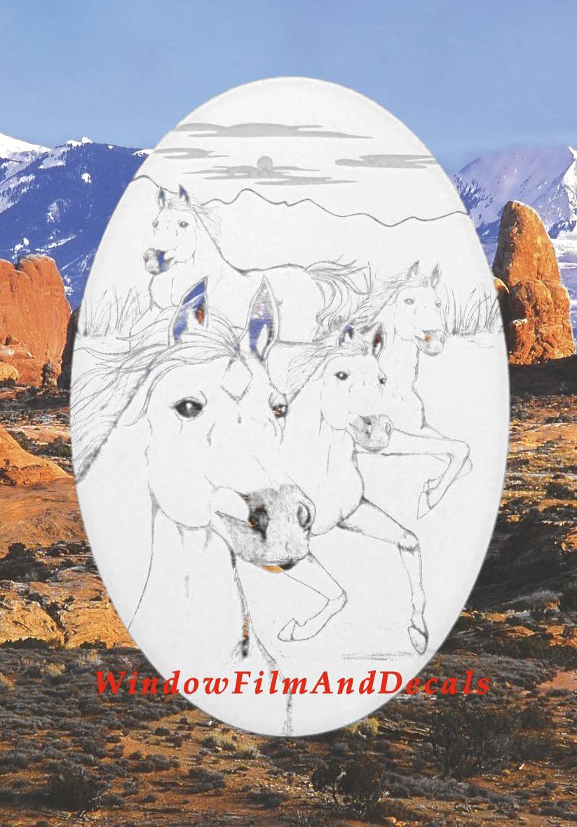 Wild Horses Oval Static Cling Window Decal - White w/Clear Design