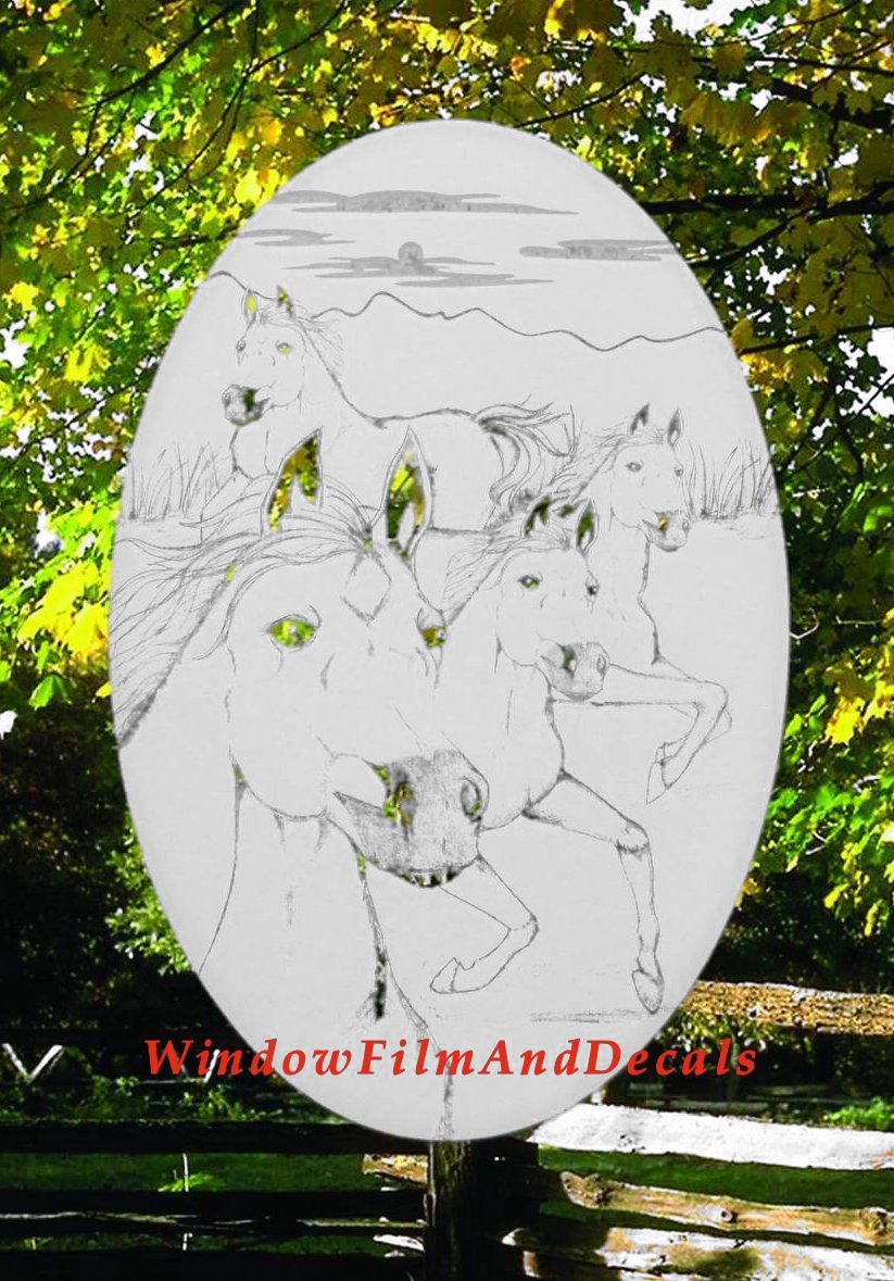 Wild Horses Oval Static Cling Window Decal - White w/Clear Design