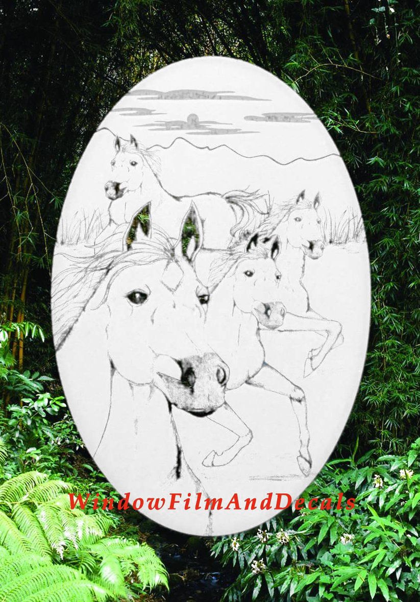 Wild Horses Oval Static Cling Window Decal - White w/Clear Design