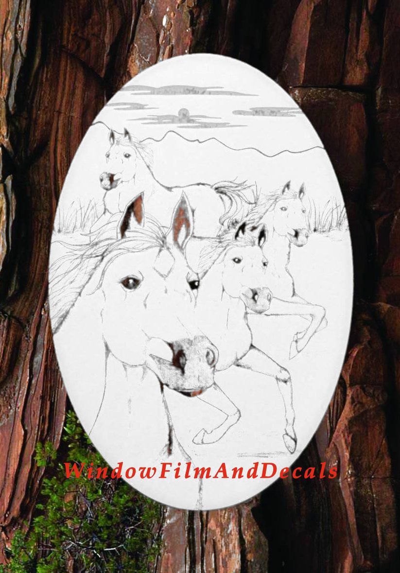 Wild Horses Oval Static Cling Window Decal - White w/Clear Design