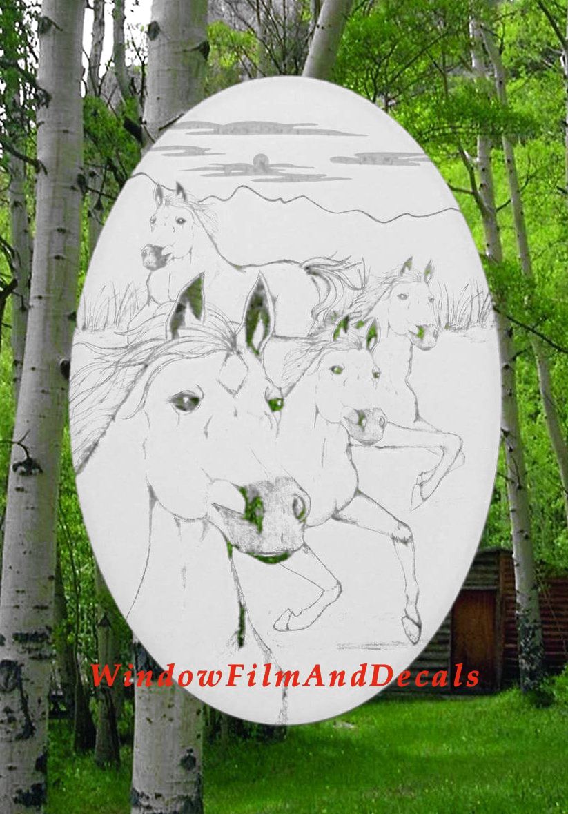 Wild Horses Oval Static Cling Window Decal - White w/Clear Design