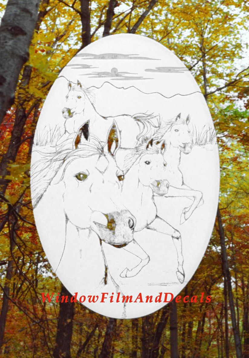 Wild Horses Oval Static Cling Window Decal - White w/Clear Design