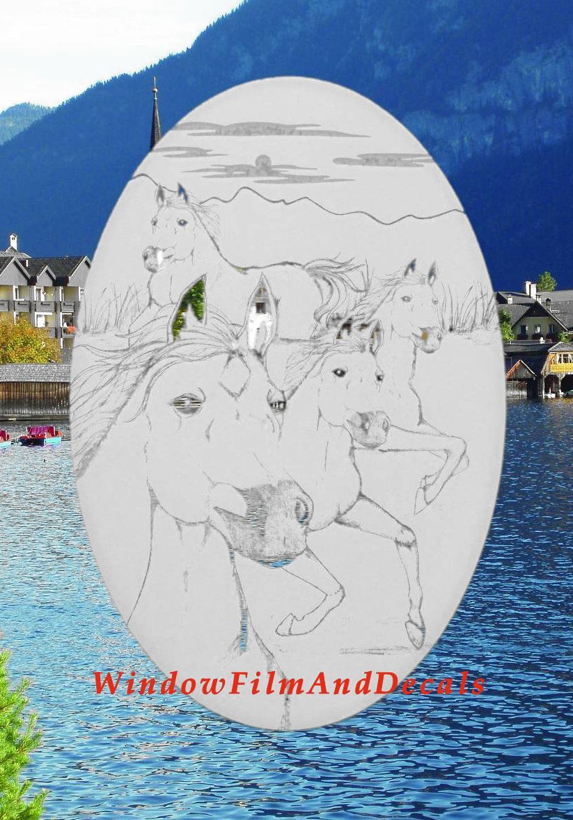 Wild Horses Oval Static Cling Window Decal - White w/Clear Design