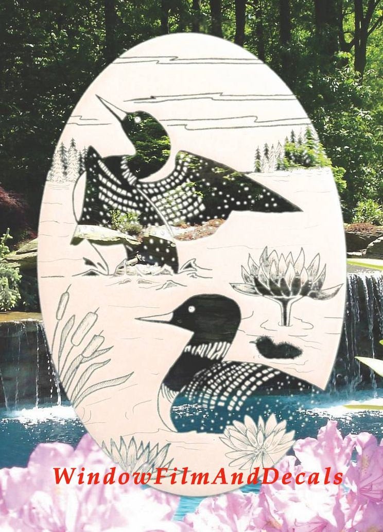 Loons Scene Oval Static Cling Window Decal - White w/Clear Design