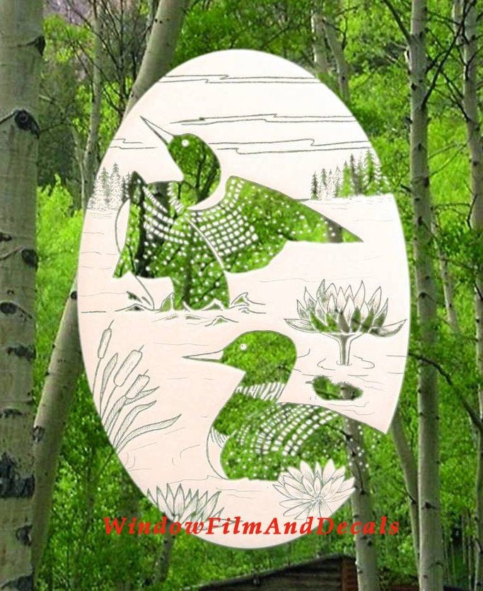 Loons Scene Oval Static Cling Window Decal - White w/Clear Design