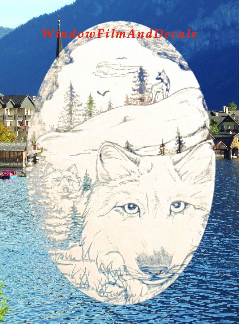 Wolf Scene Oval Static Cling Window Decal - White w/Clear Design