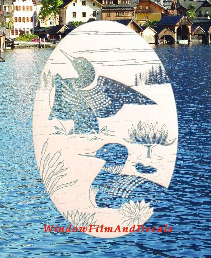 Loons Scene Oval Static Cling Window Decal - White w/Clear Design