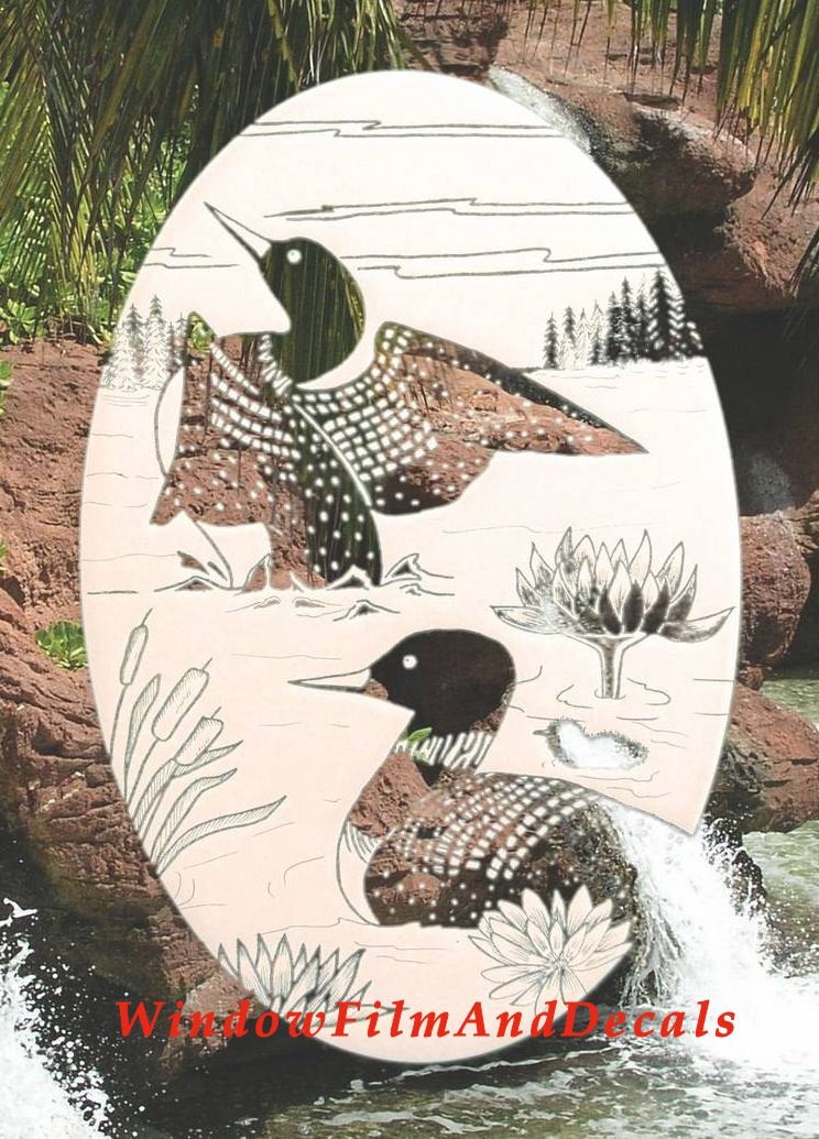 Loons Scene Oval Static Cling Window Decal - White w/Clear Design