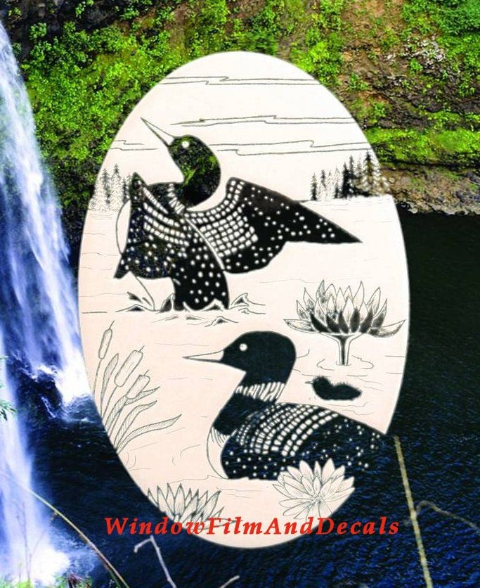 Loons Scene Oval Static Cling Window Decal - White w/Clear Design