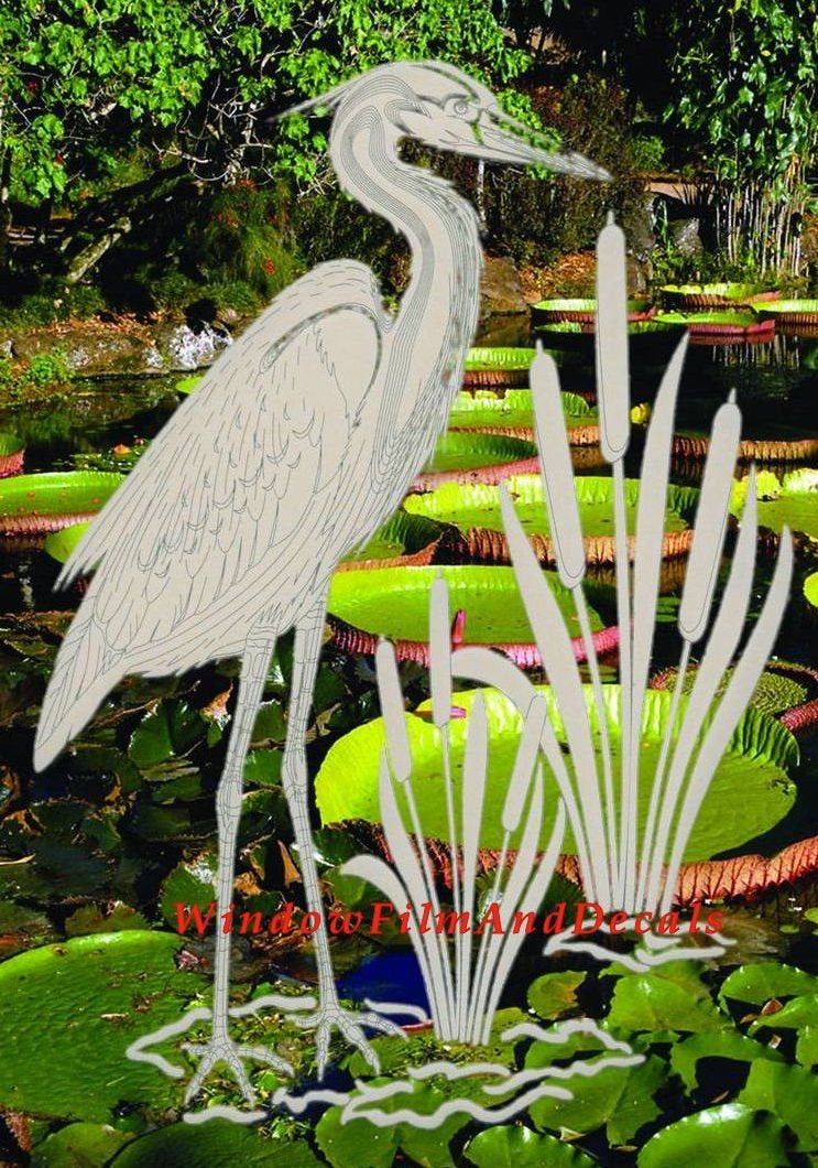 Egret & Cattails Left Oval Static Cling Window Decal - (Rev) Clear w/White Design