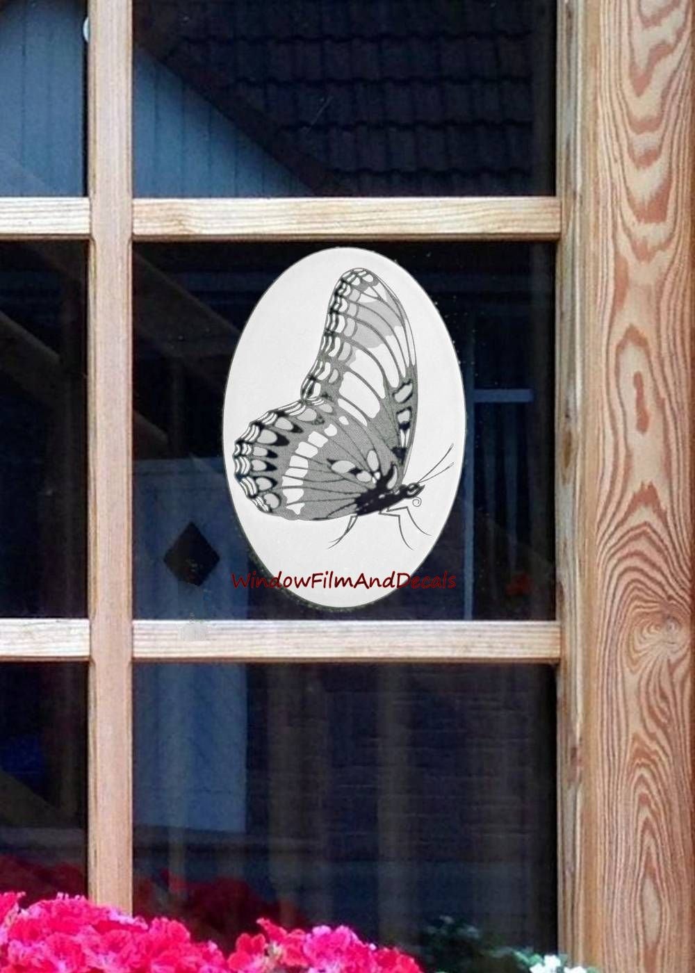 Small Oval Butterfly Etched Decal on Window Glass