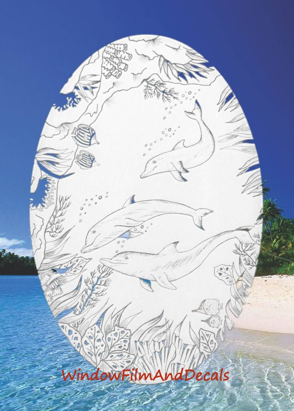 Dolphin Scene Oval Static Cling Window Decal - White w/Clear Design