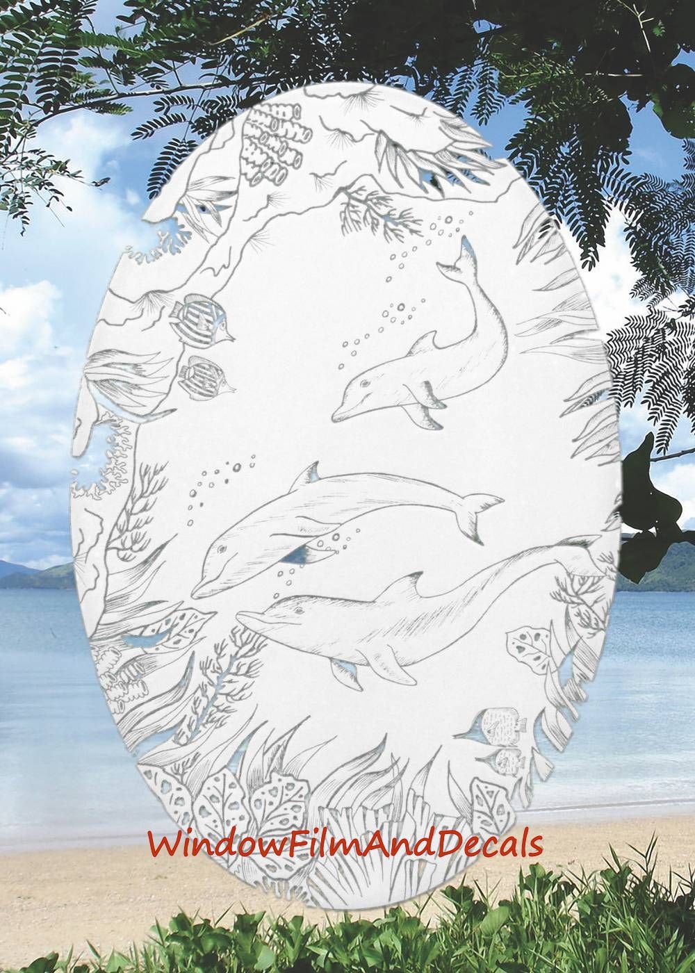 Dolphin Scene Oval Static Cling Window Decal - White w/Clear Design