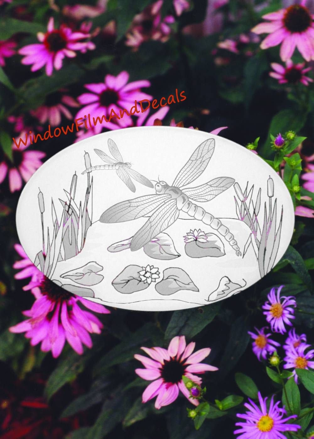 Dragonfly Scene Oval Static Cling Window Decal - White w/Clear Design