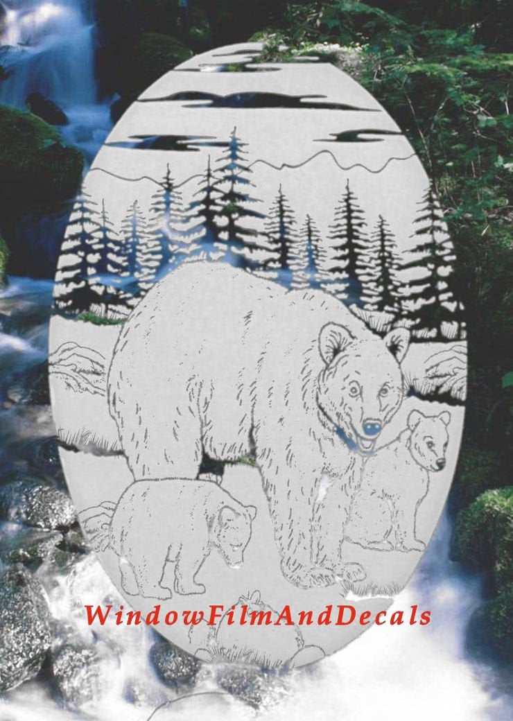 Bear Family Etched Glass Window Decal Clear and White