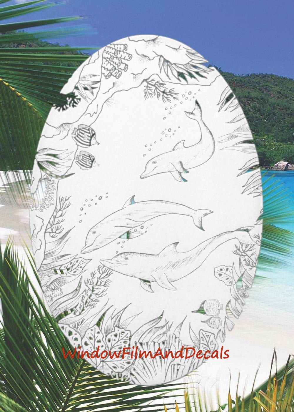 Dolphin Scene Oval Static Cling Window Decal - White w/Clear Design