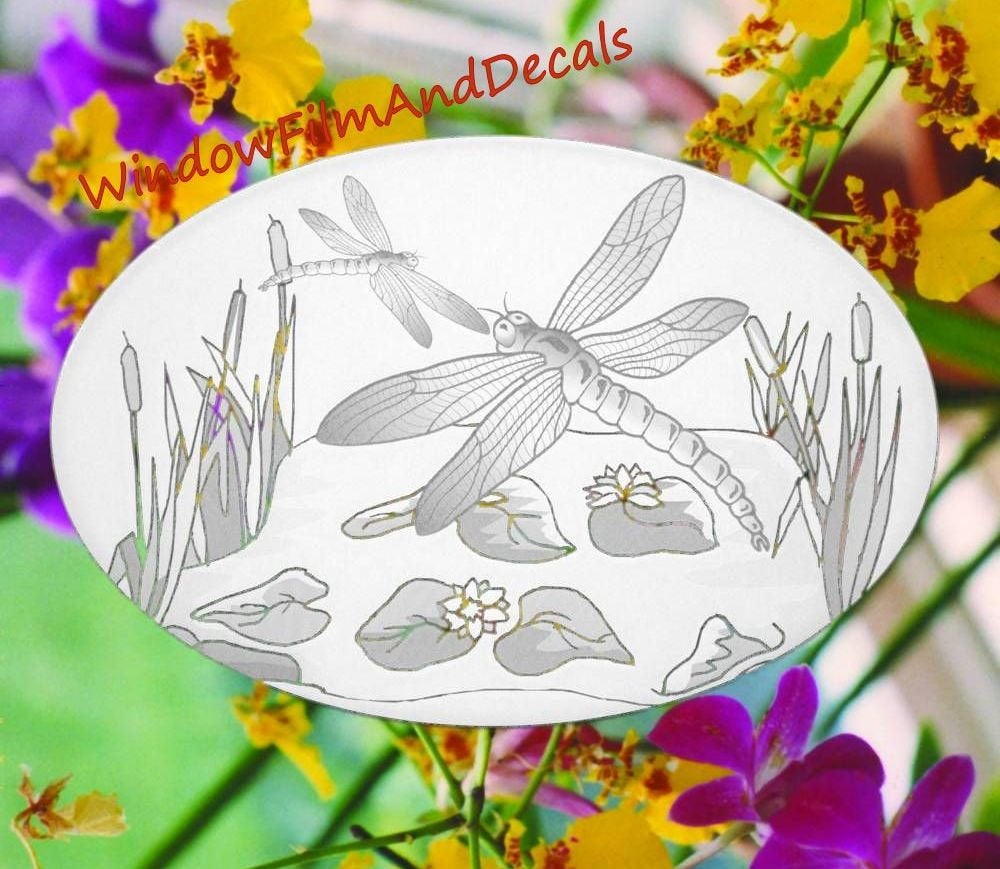 Dragonfly Scene Oval Static Cling Window Decal - White w/Clear Design