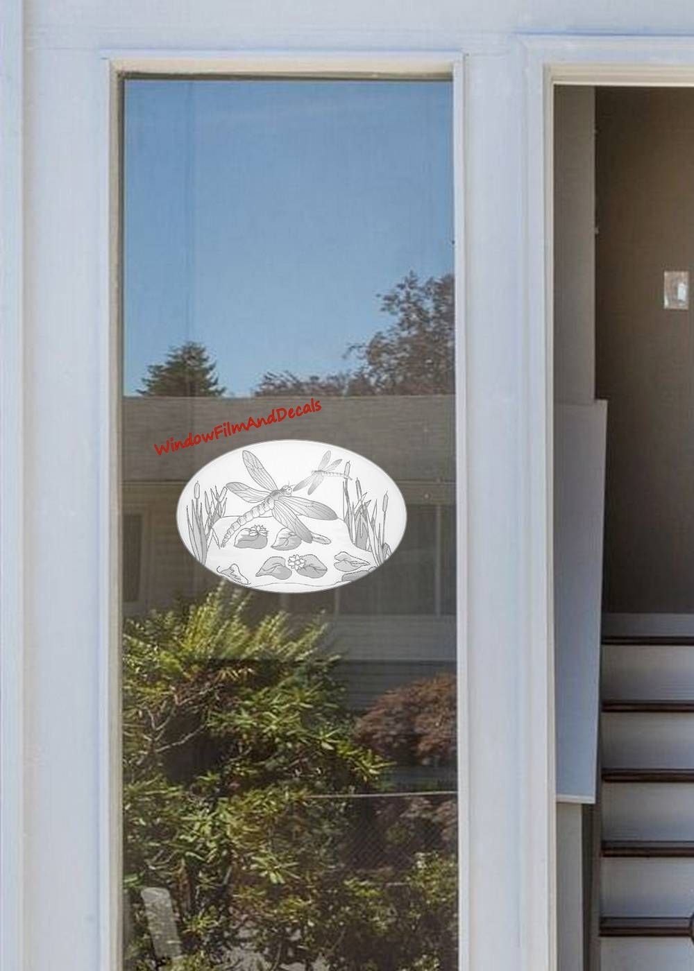 Dragonfly Scene Oval Static Cling Window Decal - White w/Clear Design