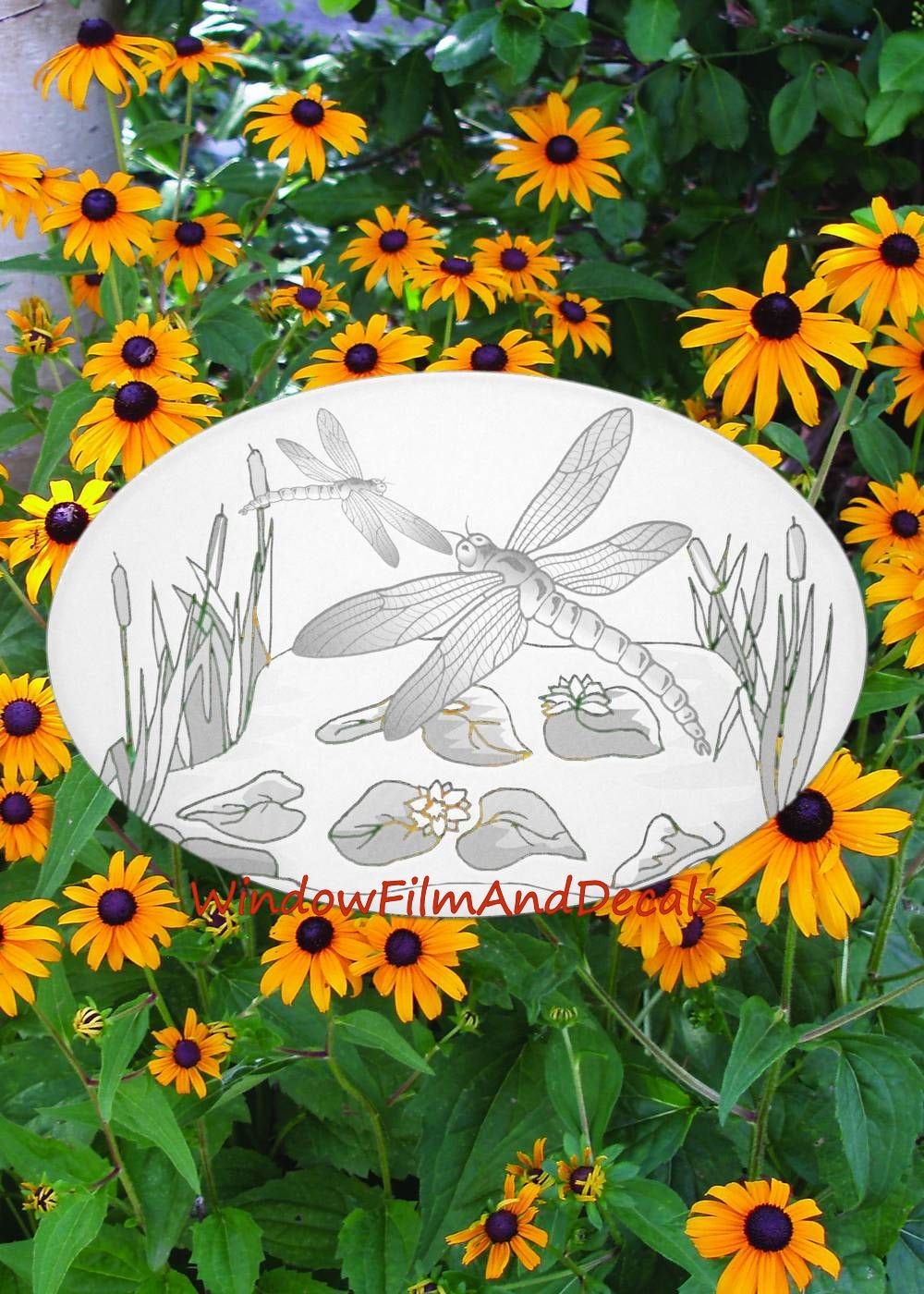 Dragonfly Scene Oval Static Cling Window Decal - White w/Clear Design