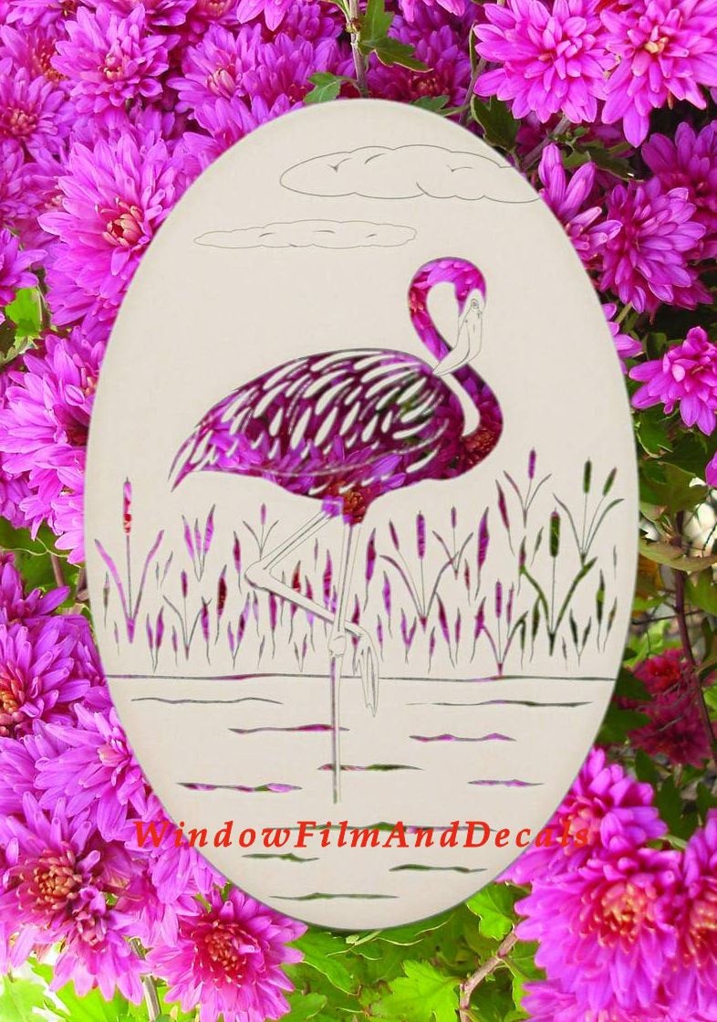 Flamingo Left Oval Static Cling Window Decal - White w/Clear Design