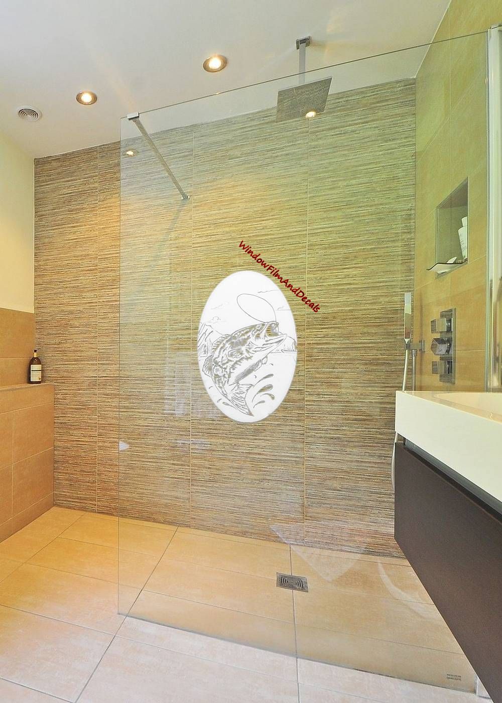 Bass Fishing Etched Glass Static Cling Decal on Glass Shower Door