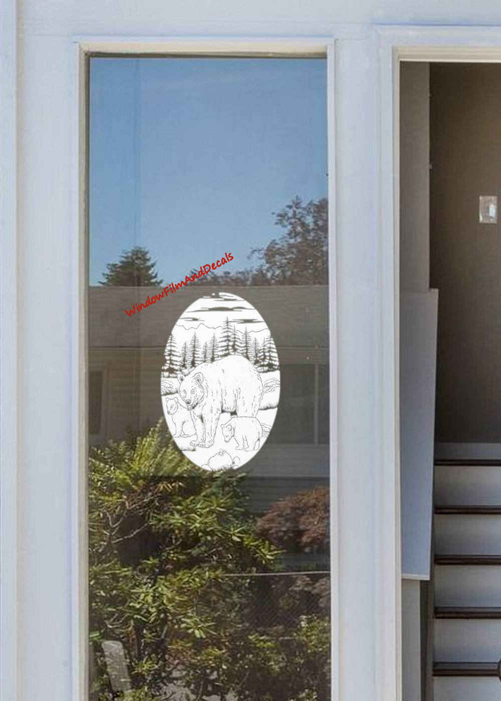 Bear Family Etched Glass Window Decal on Glass Front Door
