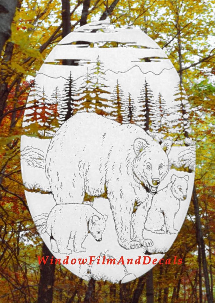 White and Clear Etched Glass Look Bear Scene Window Decal
