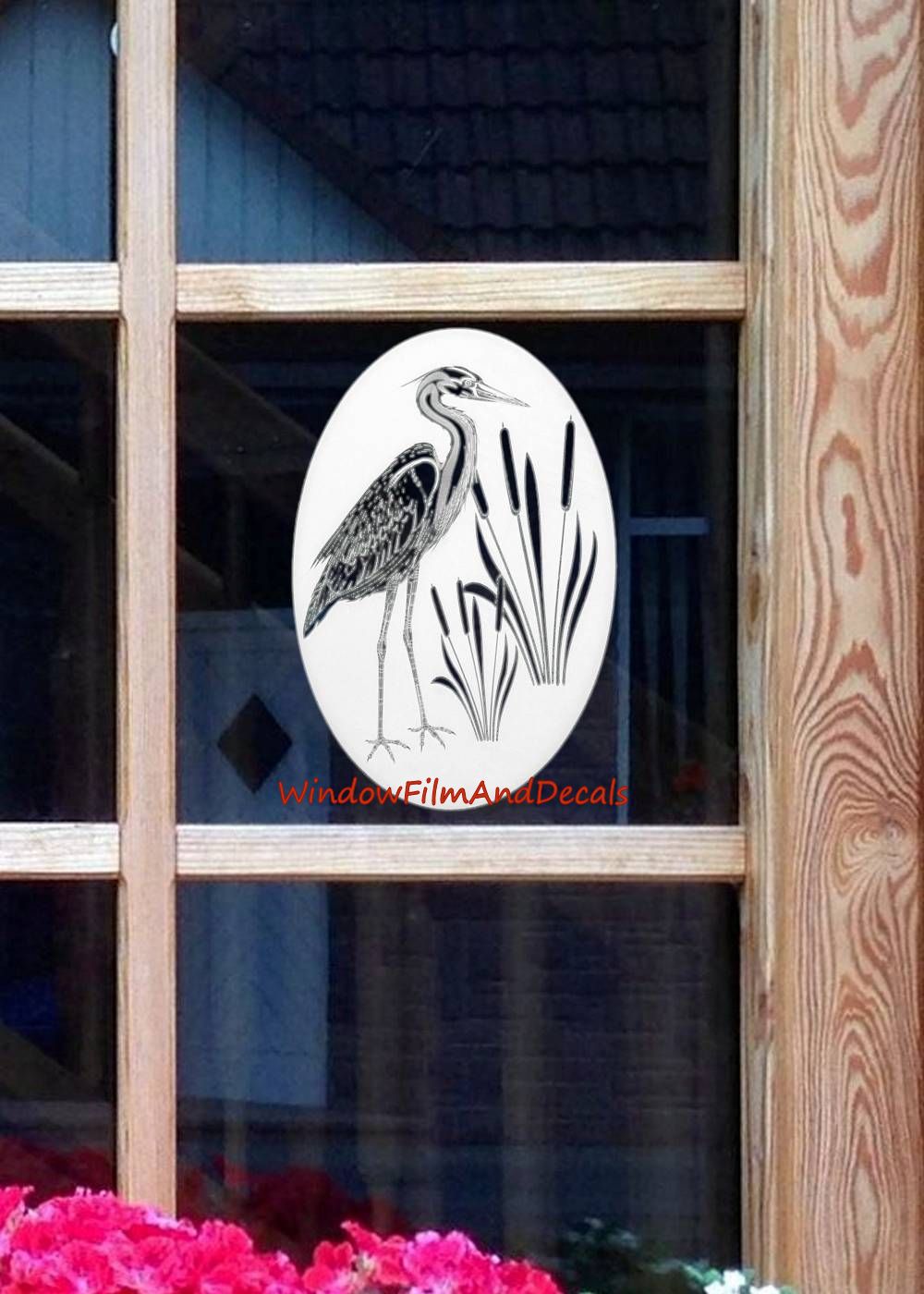 Egret & Cattails Left Oval Static Cling Window Decal - White w/Clear Design