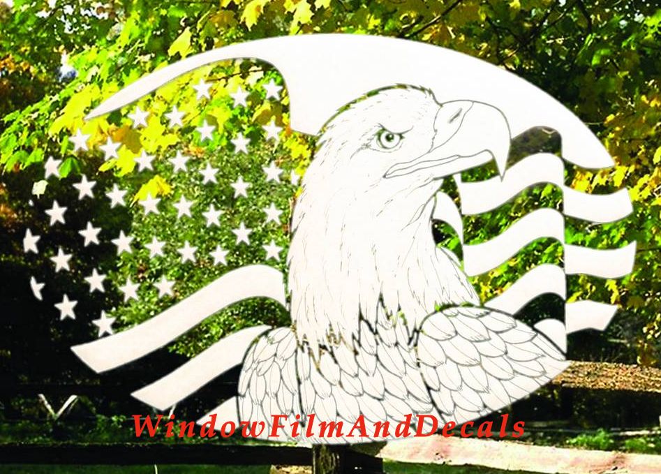 Flag and Eagle Oval Static Cling Window Decal - White with Clear Design