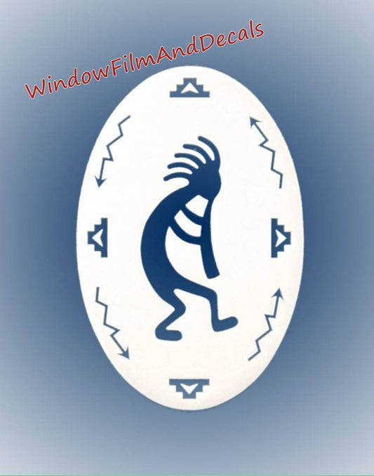 Kokopelli Left Oval Static Cling Window Decal 10.5" x 16" - White w/ Clear Design