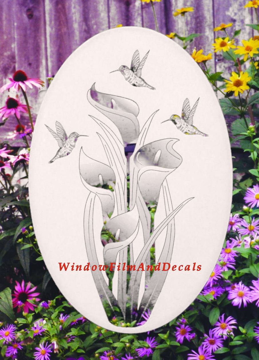 Lilies and Hummingbirds Oval Static Cling Window Decal - White w/Clear Design