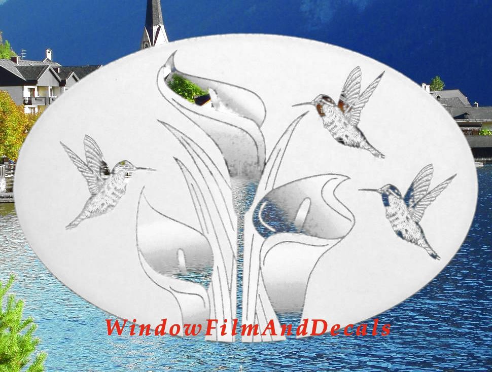 Lilies and Hummingbirds Oval Static Cling Window Decal - White with Clear Design