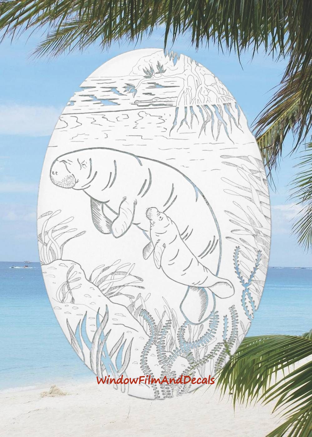 Manatee Scene Oval Static Cling Window Decal - White w/Clear Design