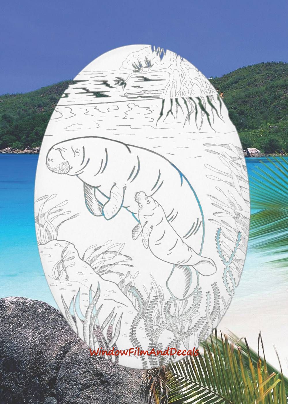 Manatee Scene Oval Static Cling Window Decal - White w/Clear Design