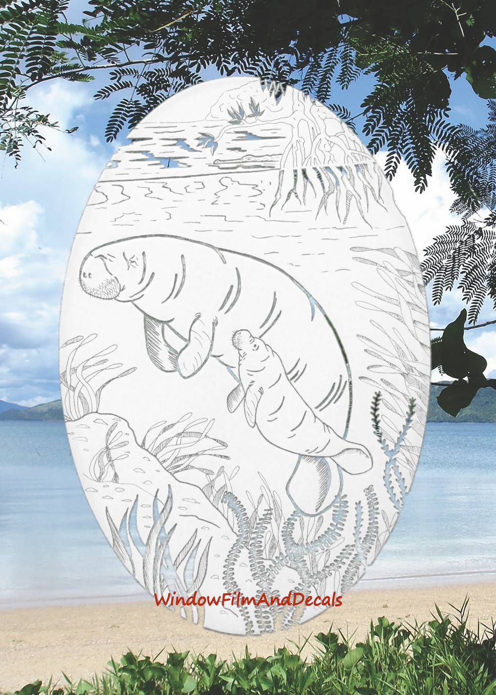 Manatee Scene Oval Static Cling Window Decal - White w/Clear Design