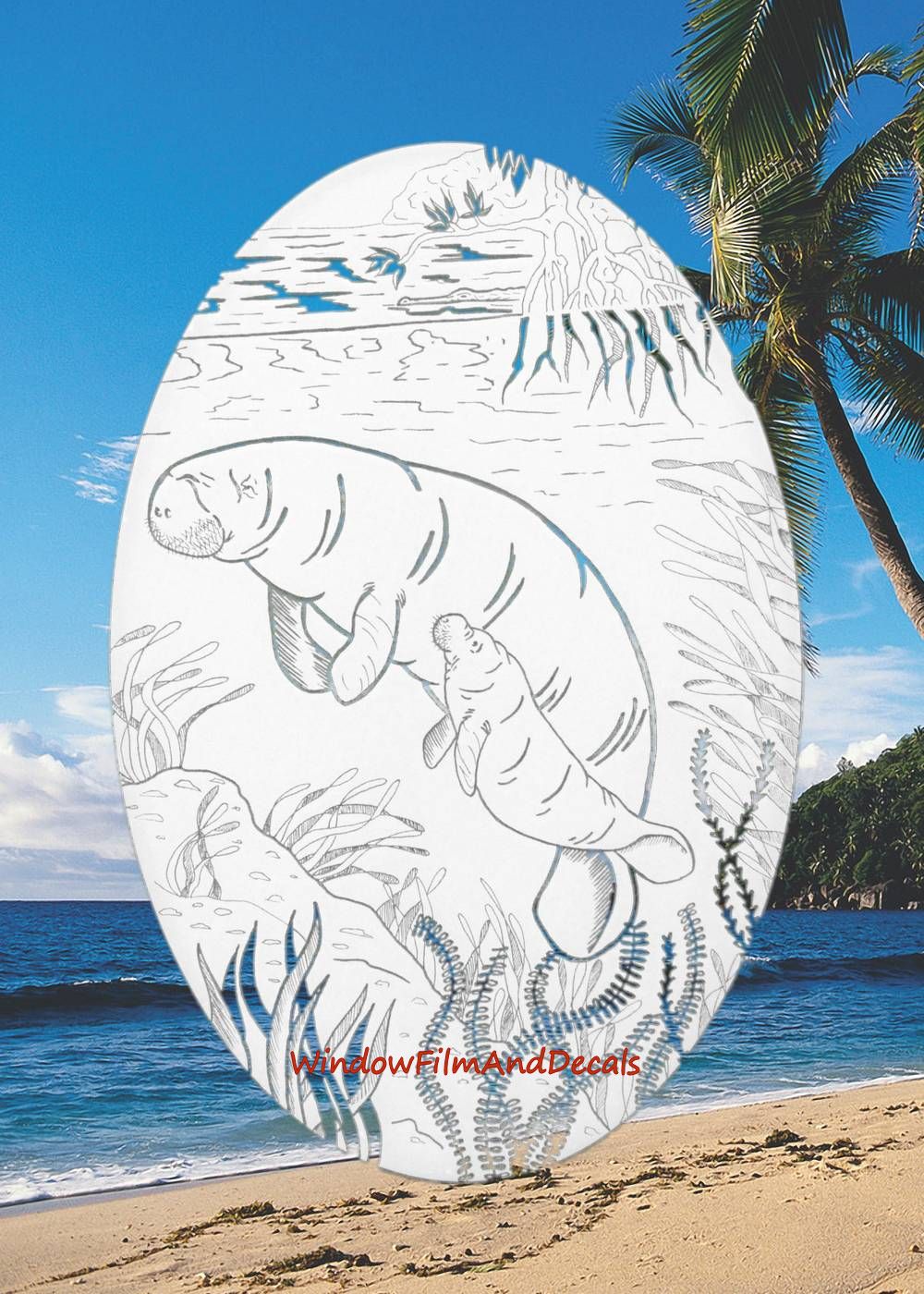 Manatee Scene Oval Static Cling Window Decal - White w/Clear Design
