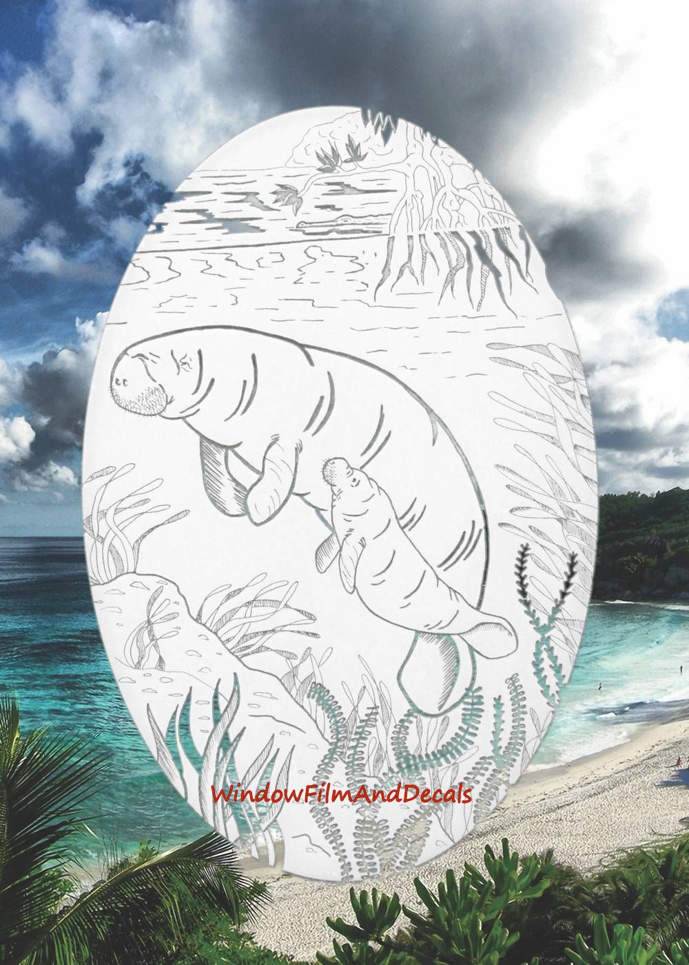 Manatee Scene Oval Static Cling Window Decal - White w/Clear Design