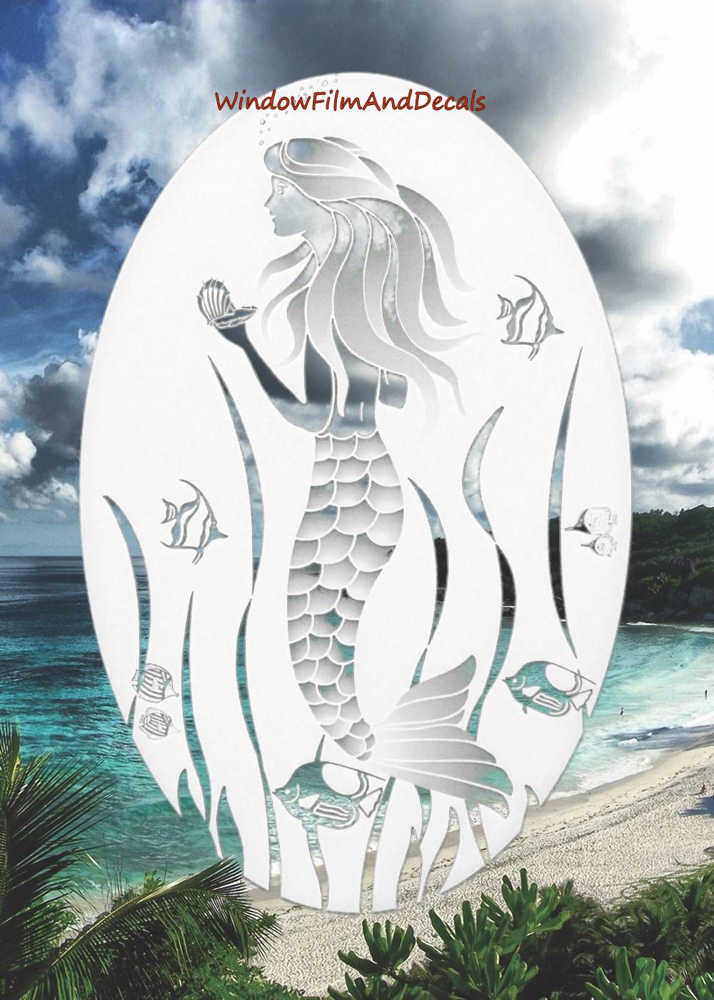 Mermaid Oval Static Cling Window Decal - White w/ Clear Design