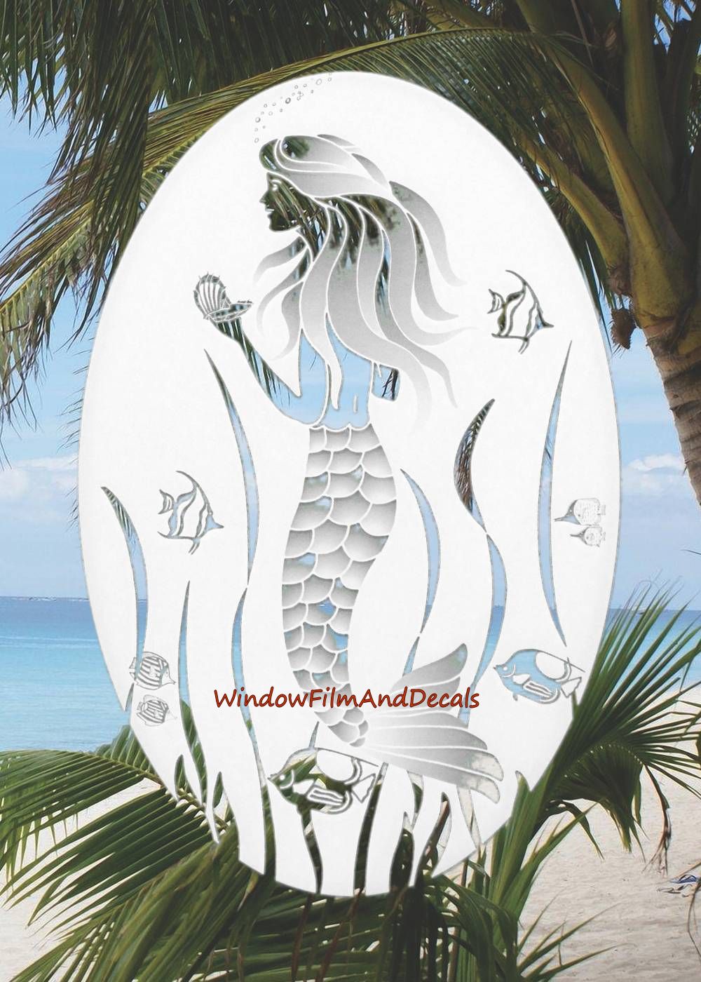 Mermaid Oval Static Cling Window Decal - White w/ Clear Design