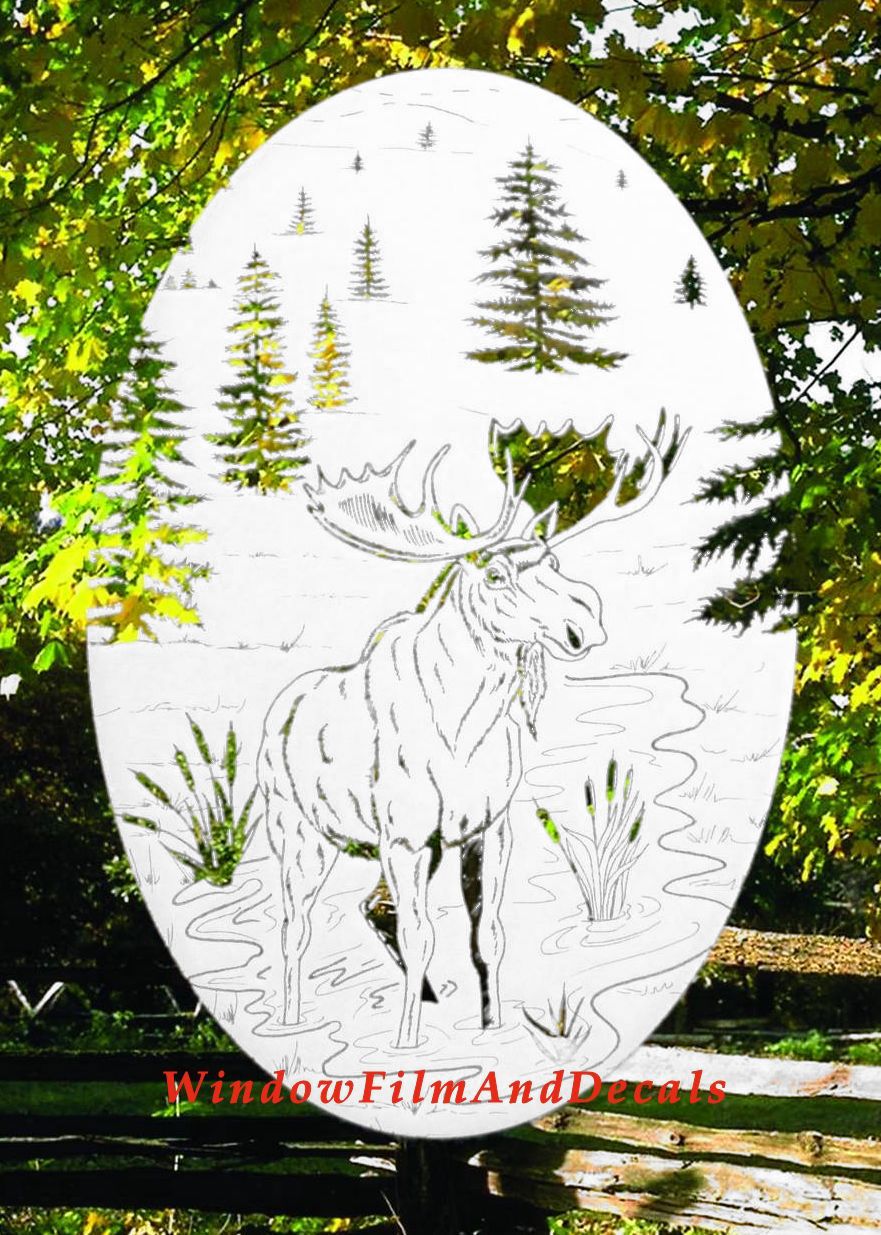 Moose Scene Oval Static Cling Window Decal - White w/Clear Design
