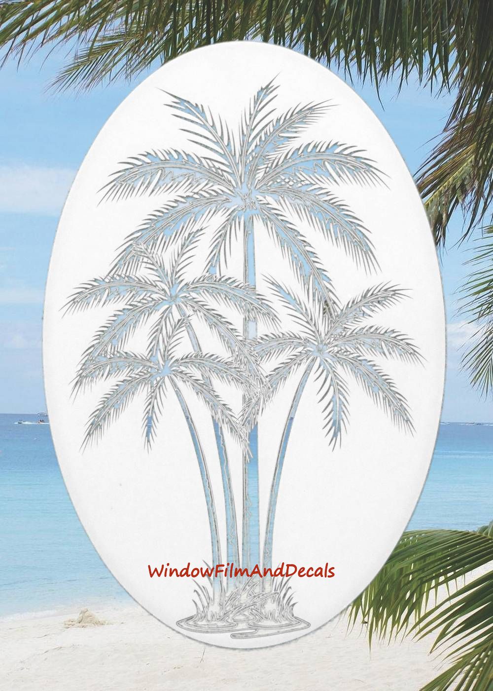 Palm Trees Center Oval Static Cling Window Decal - White w/Clear Design