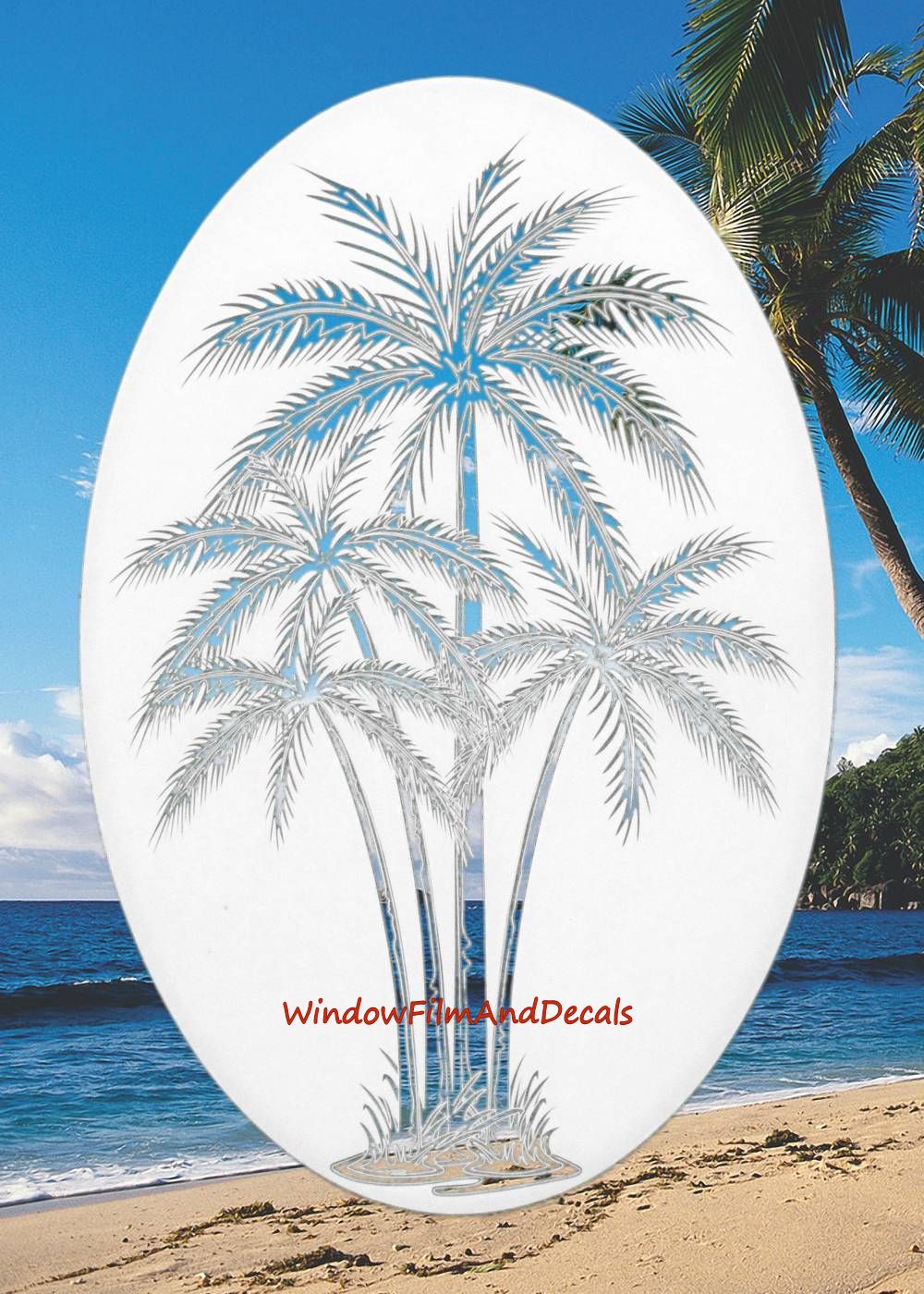 Palm Trees Center Oval Static Cling Window Decal - White w/Clear Design