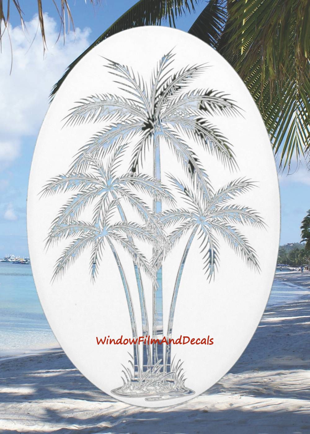 Palm Trees Center Oval Static Cling Window Decal - White w/Clear Design