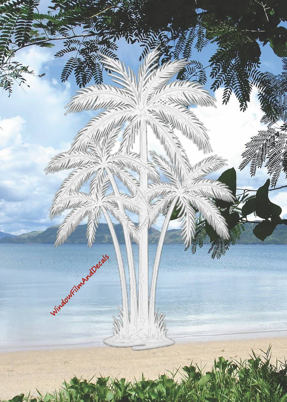 Palm Trees Center Oval Static Cling Window Decal - Clear w/White Palm Design