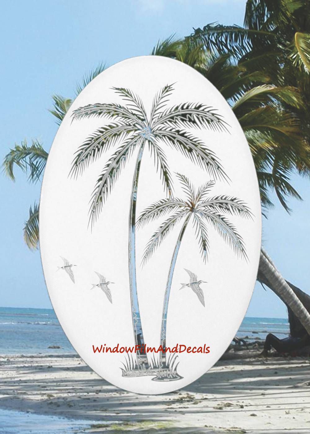 Palm Trees Oval Static Cling Window Decal Right Leaning - White w/Clear Design