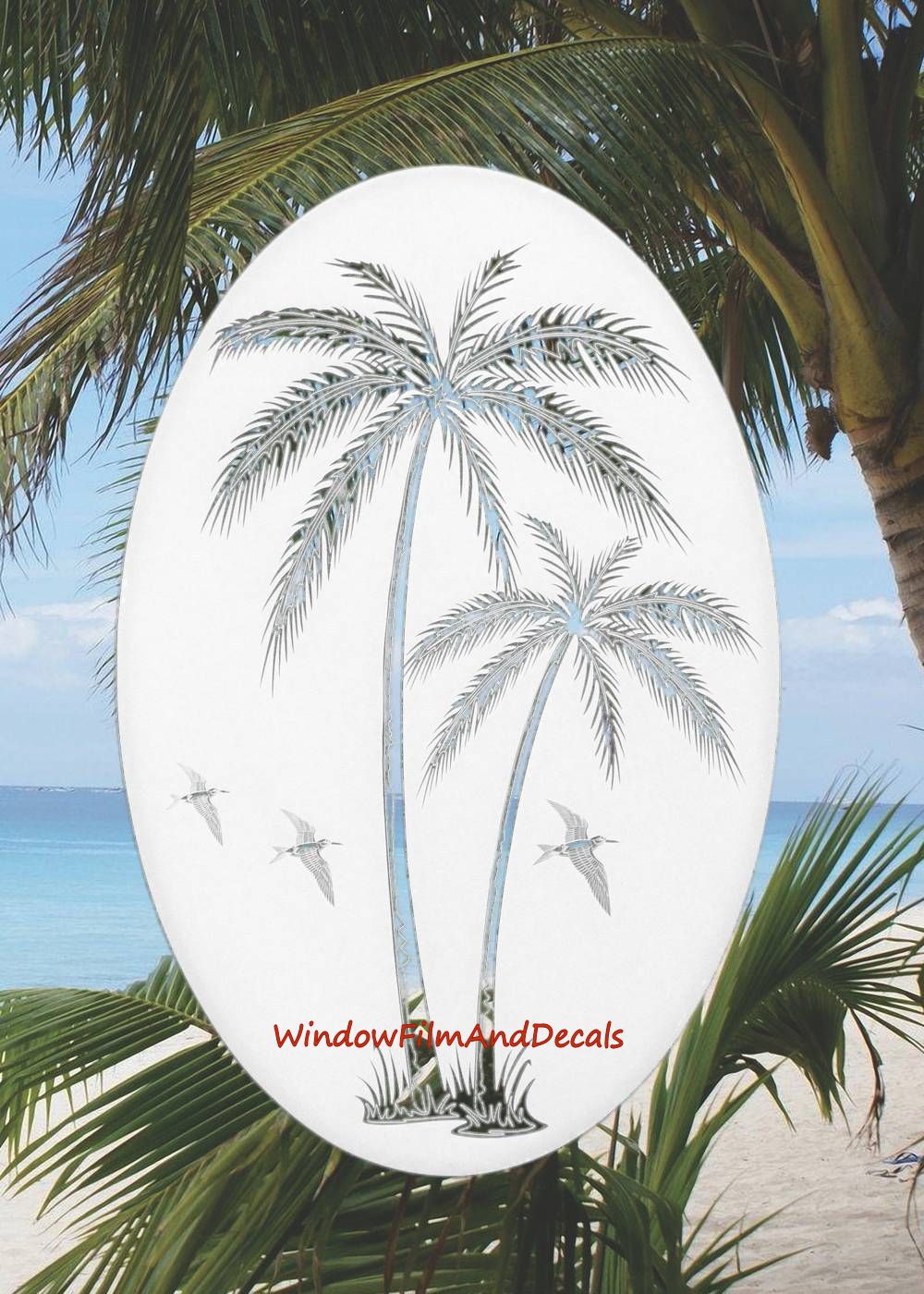Palm Trees Oval Static Cling Window Decal Left Leaning - White w/Clear Design